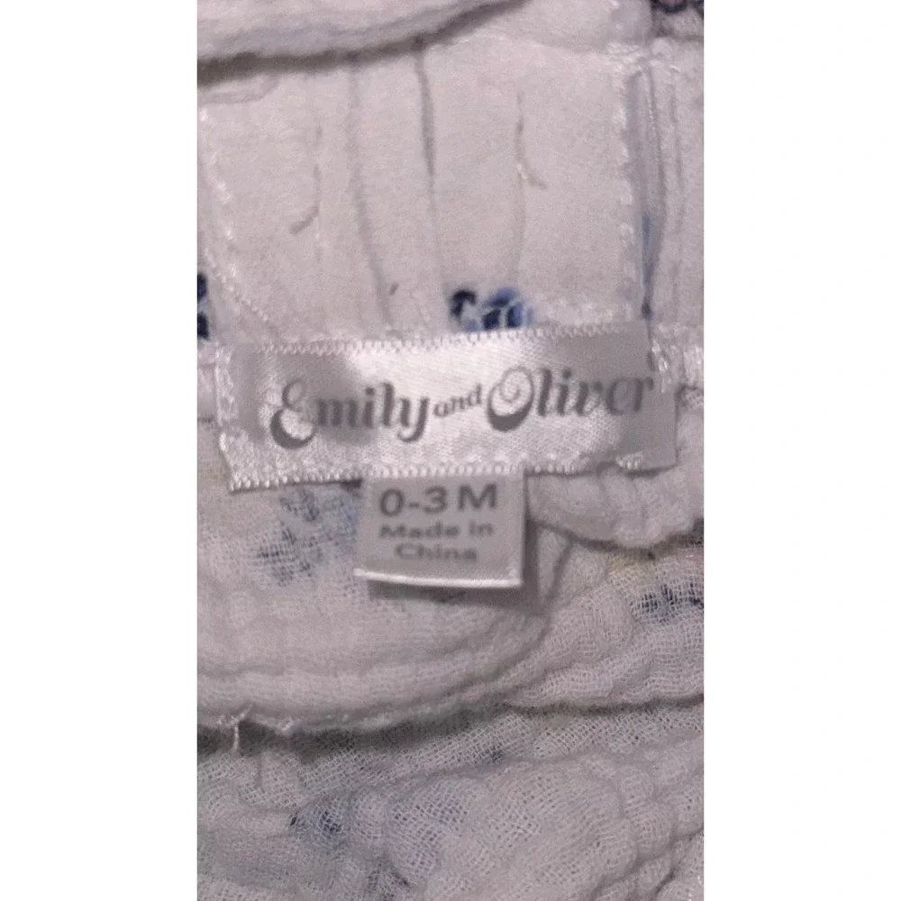 Emily and Oliver Baby Girls Floral Muslin Ruffle Romper White Blue 0-3 Months